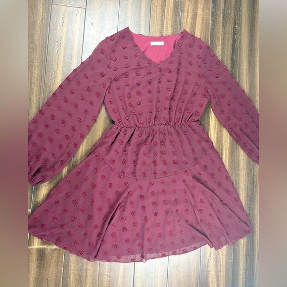 NWOT Midi Dress M Burgundy Long Sleeve Chiffon Elastic Waist Cute Guest Holiday - Picture 2 of 8